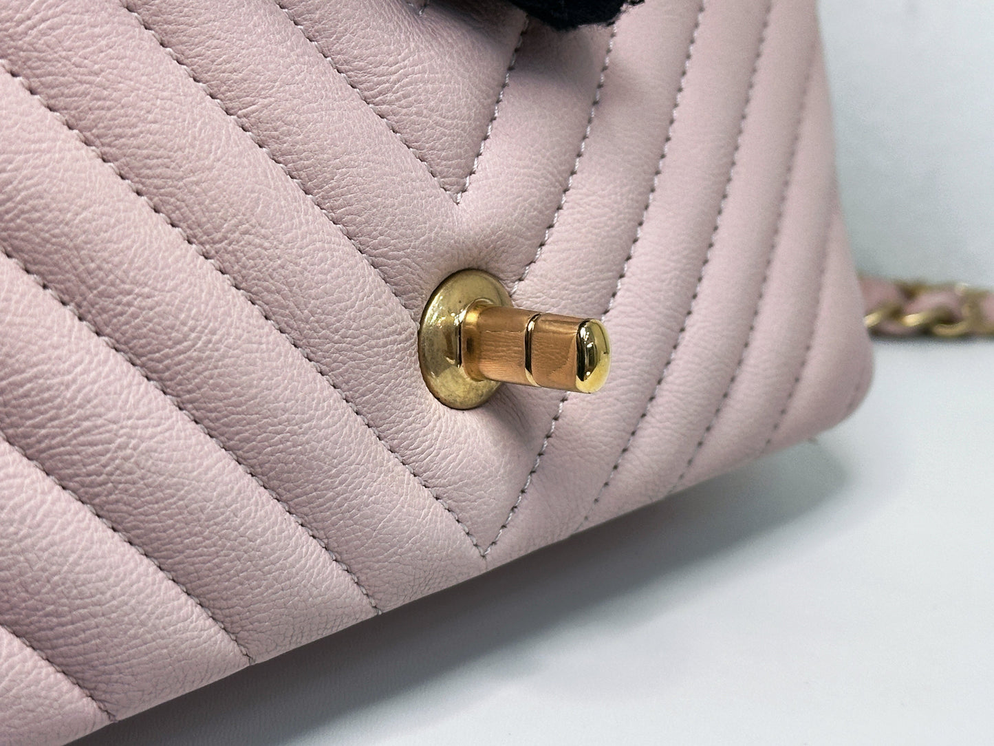 Chanel Classic Mini Rectangular 17C Light Pink Chevron Calfskin with brushed gold hardware ⁣⁣2383 holo card