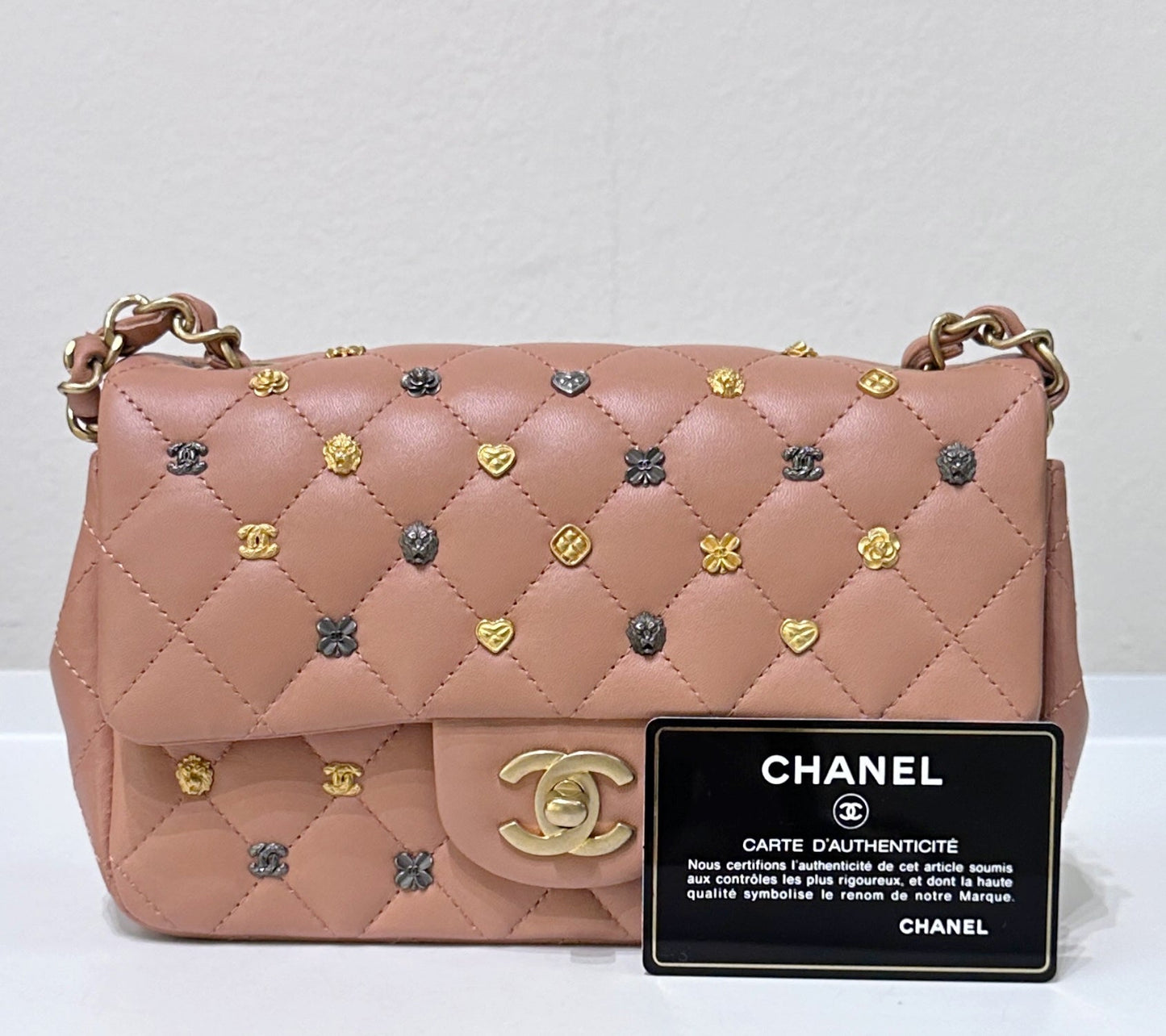 Chanel 2018 Blush Beige Mini Flap Bag with Lucky Charms Stud Embellishment