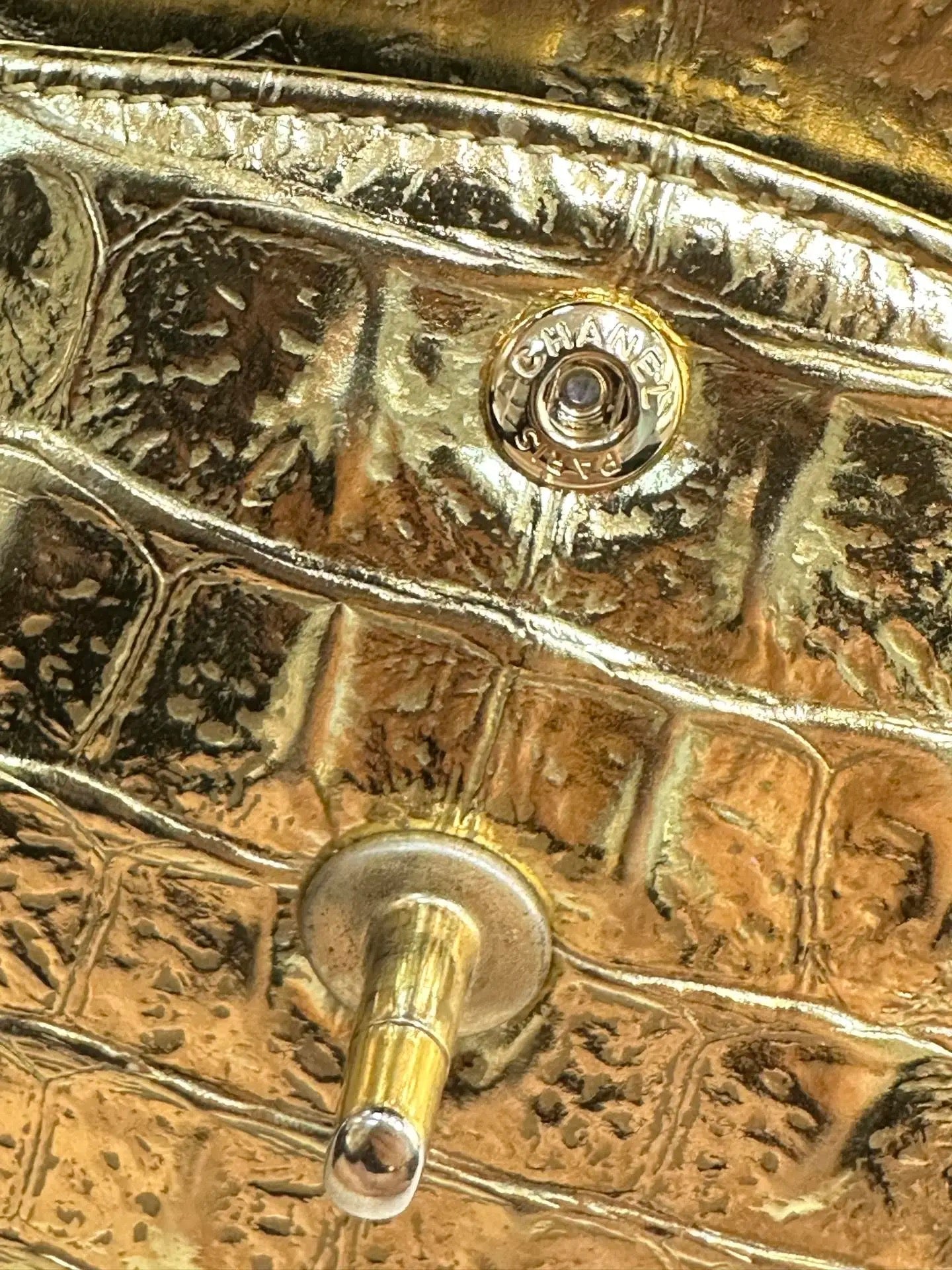 Chanel Medium  Calfskin Crocodile Embossed  Gold Metallic Flap Bag