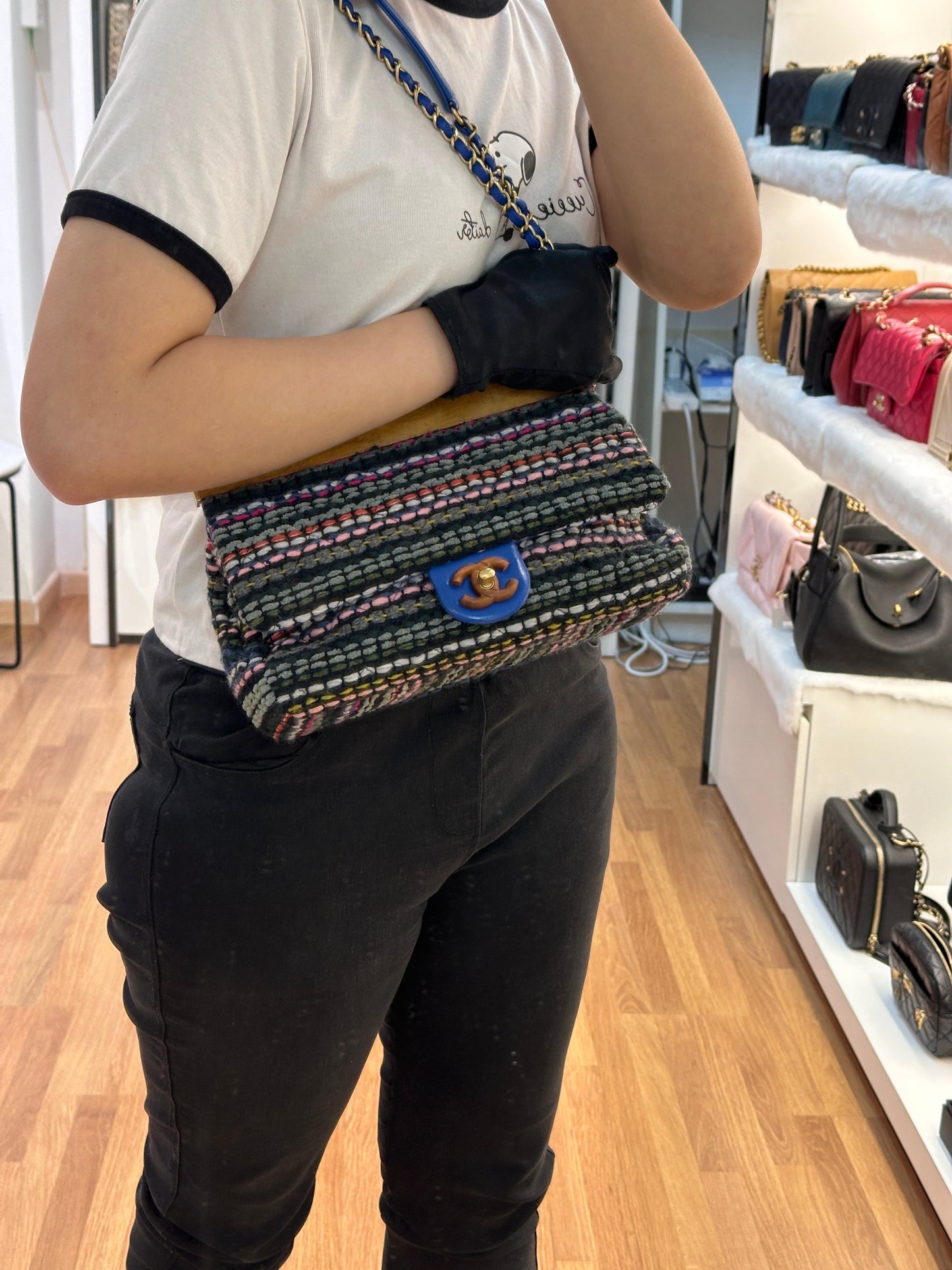 CHANEL Classic Flap Frame Knock on the Wood Tweed Shoulder Bag 2018 holo 2666