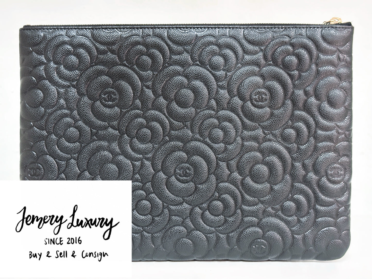 CHANEL Caviar Camellia Embossed Medium Cosmetic Case Black 2285 holo card