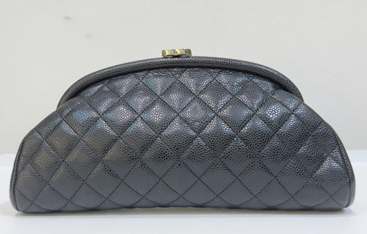 Chanel Quilted Timeless Kisslock Clutch Black Caviar SHW 1634 holo card
