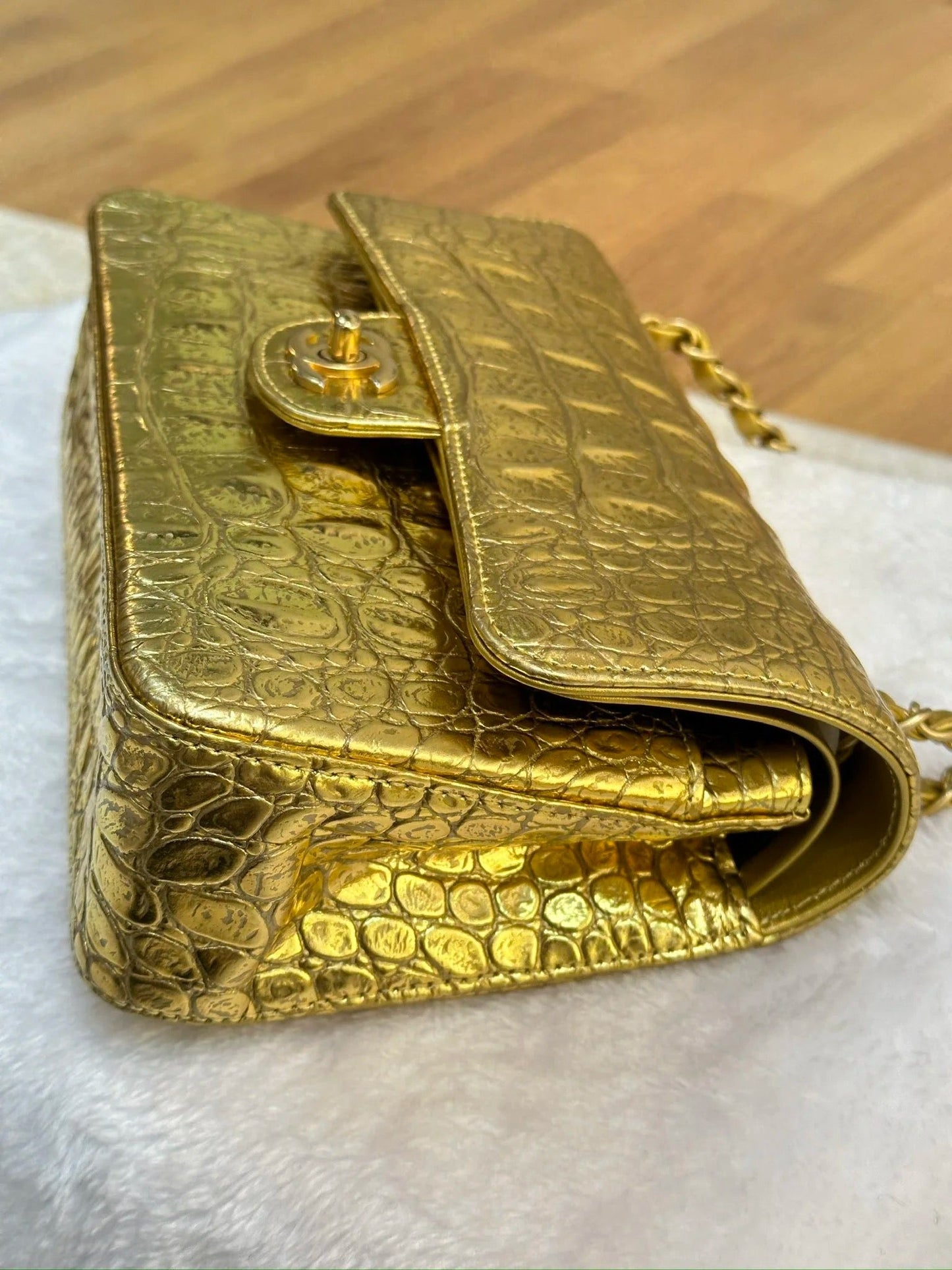 Chanel Medium  Calfskin Crocodile Embossed  Gold Metallic Flap Bag
