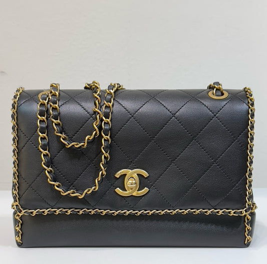 Chanel Small Black Quilted Calfskin Chain Around Single Flap GHW 2021year