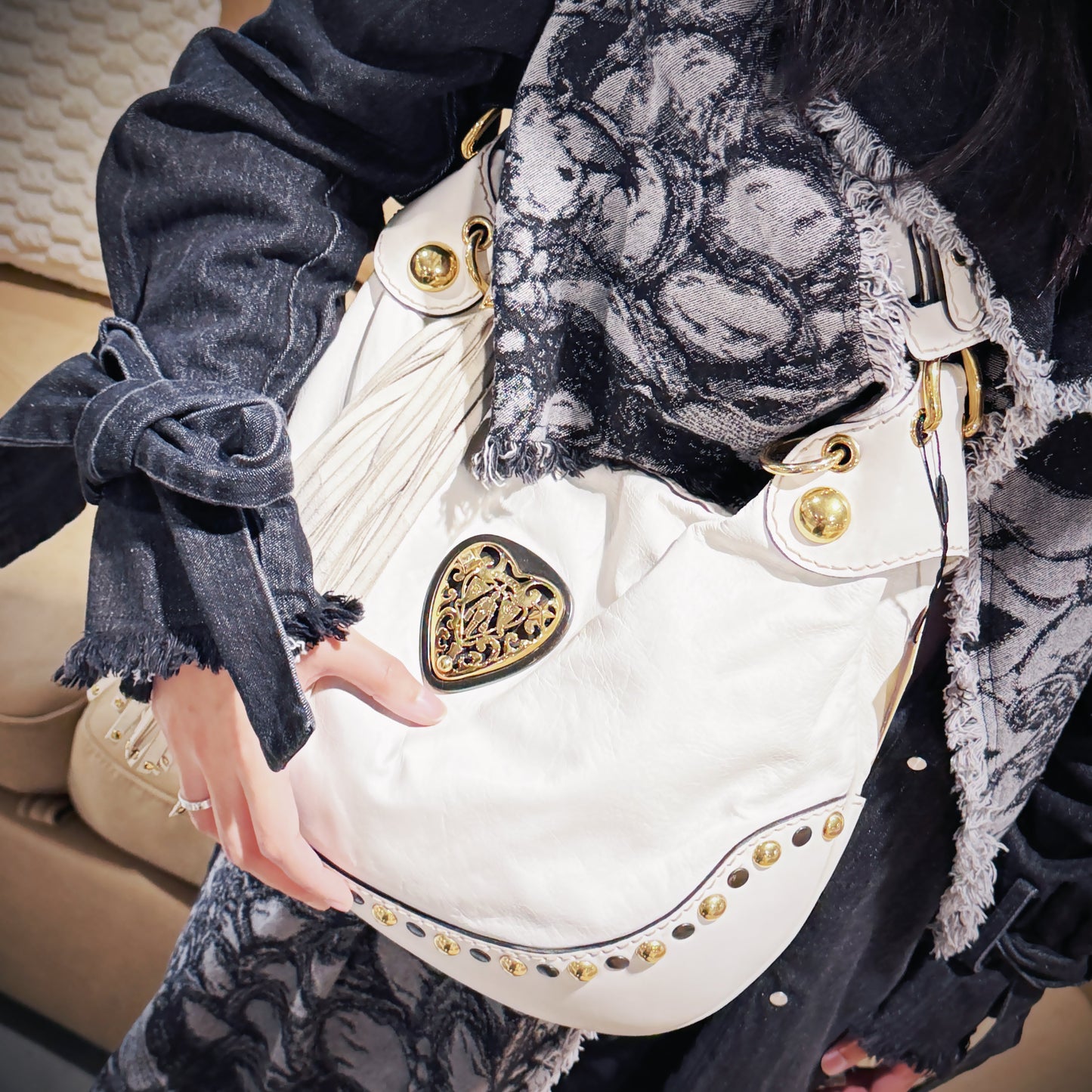 Gucci white leather studded Babouska heart hobo TWS