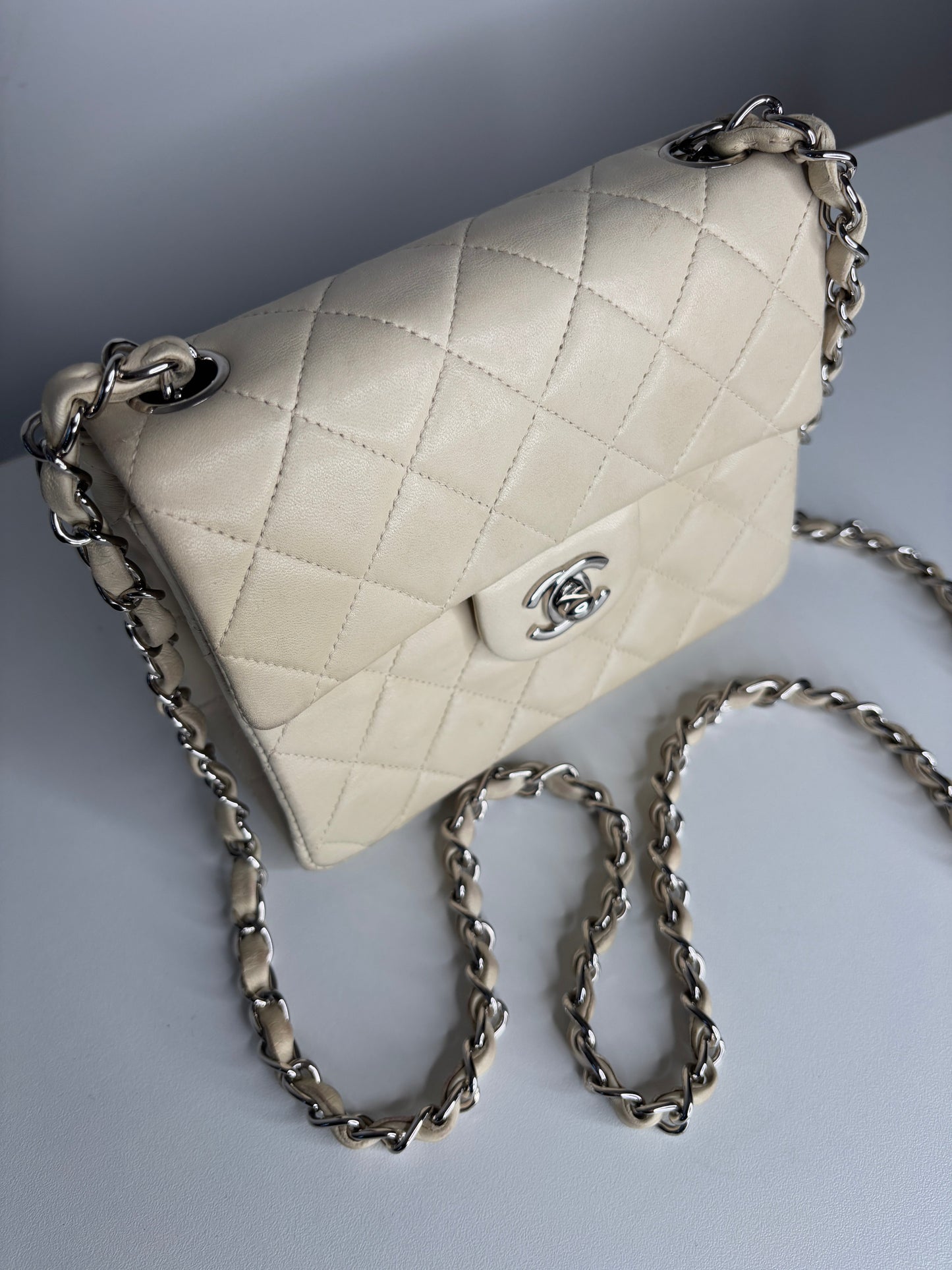 Chanel Mini Flap Square Ivory Lambskin Shoulder Bag - Preloved