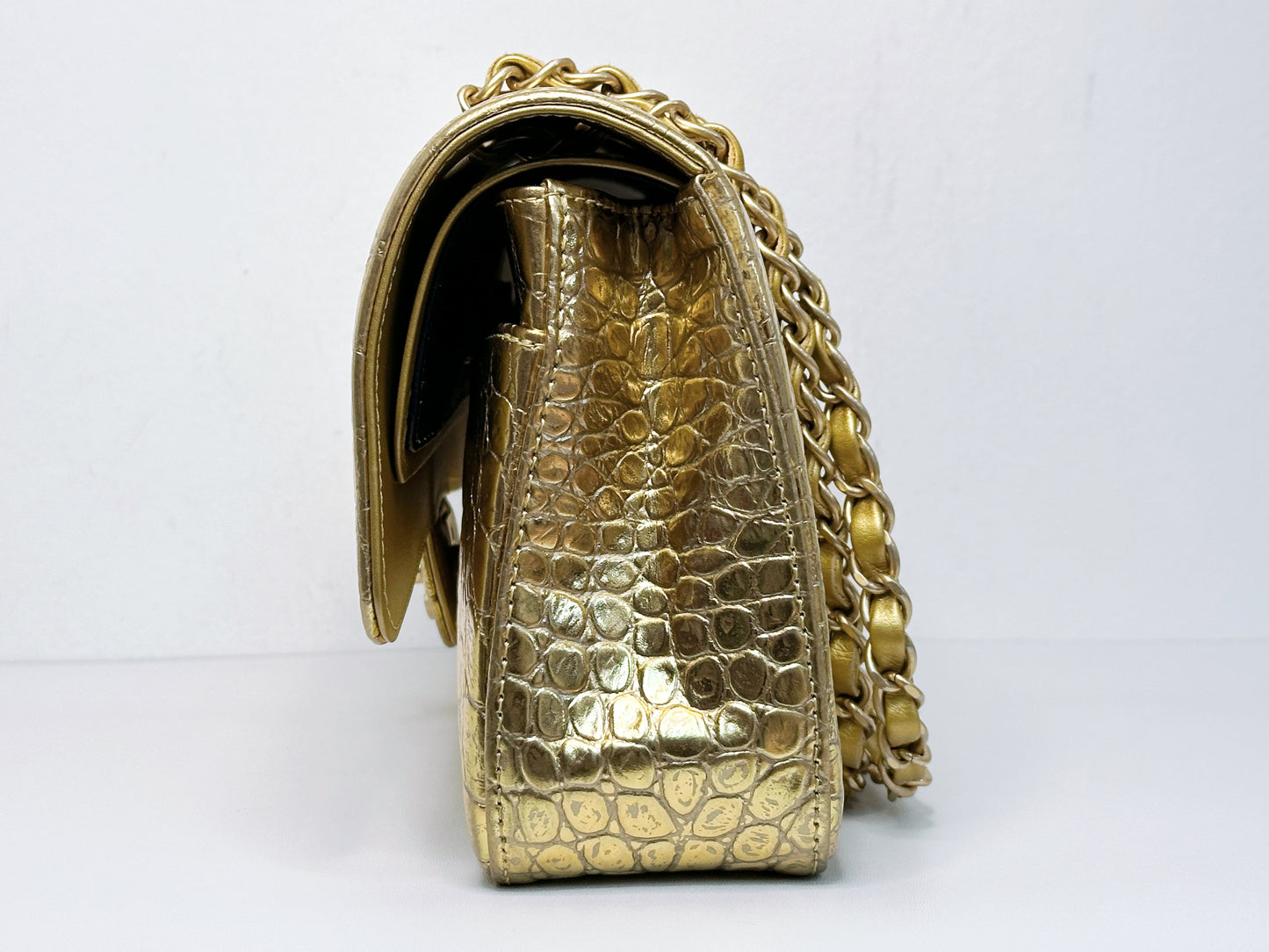 Chanel 19A Medium Calfskin Crocodile Embossed Gold Metallic Flap Bag 2803 holo card