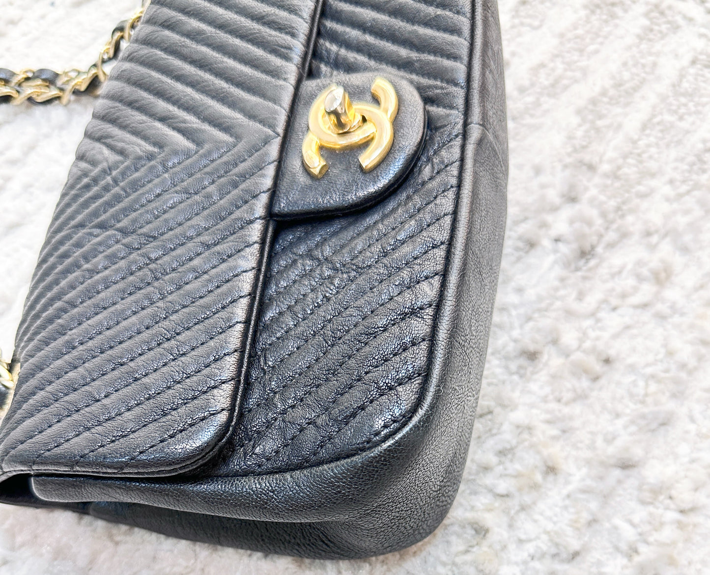 Chanel Black Chevron Leather Small Classic Flap Bag