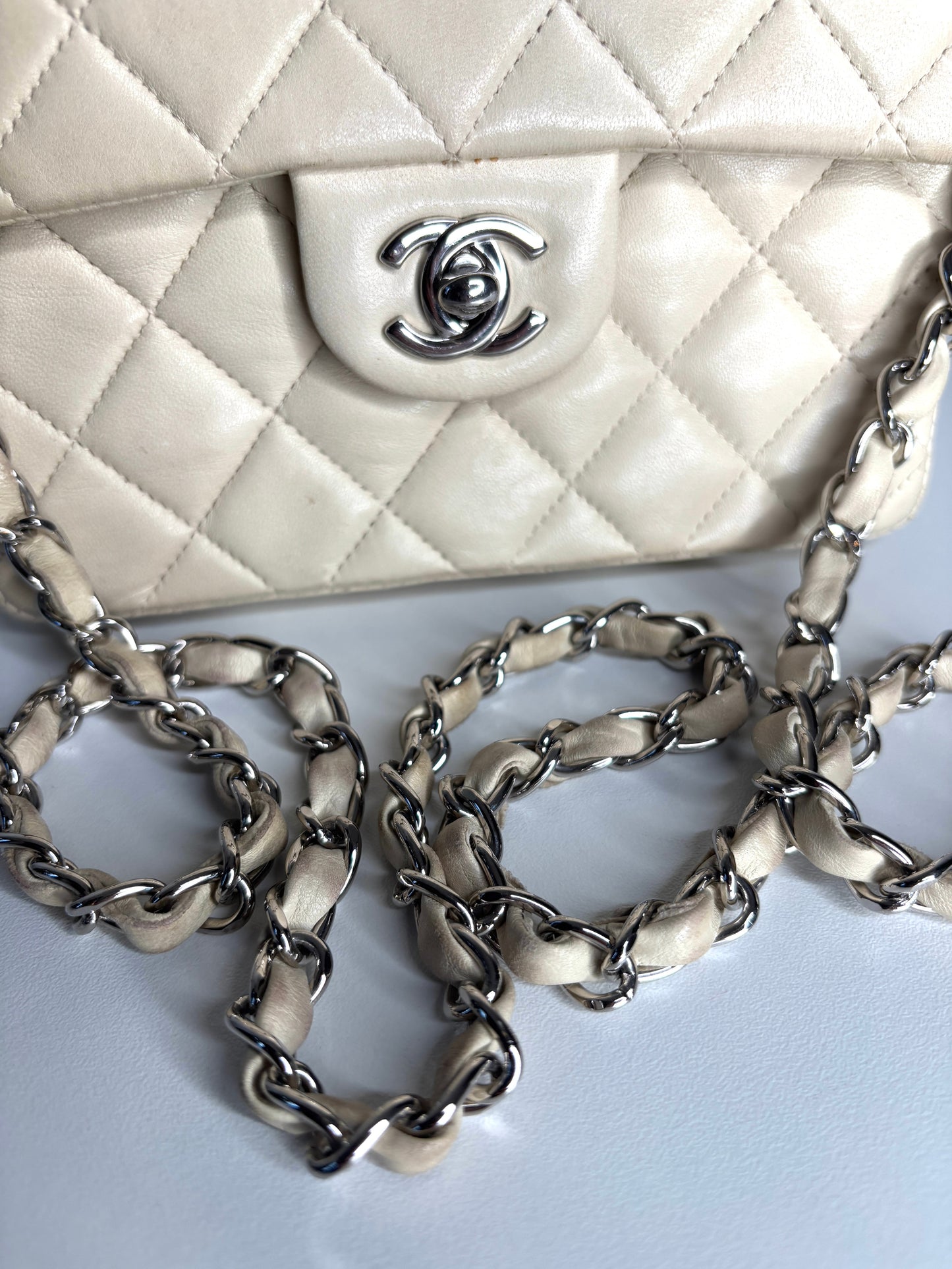 Chanel Mini Flap Square Ivory Lambskin Shoulder Bag - Preloved
