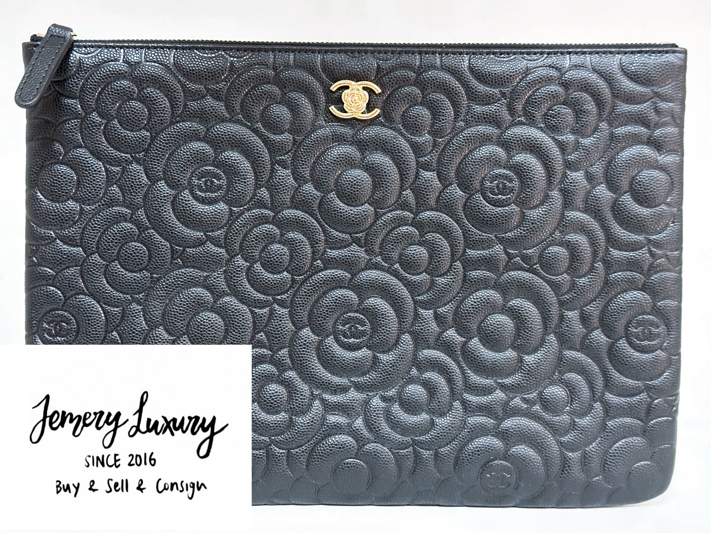 CHANEL Caviar Camellia Embossed Medium Cosmetic Case Black 2285 holo card