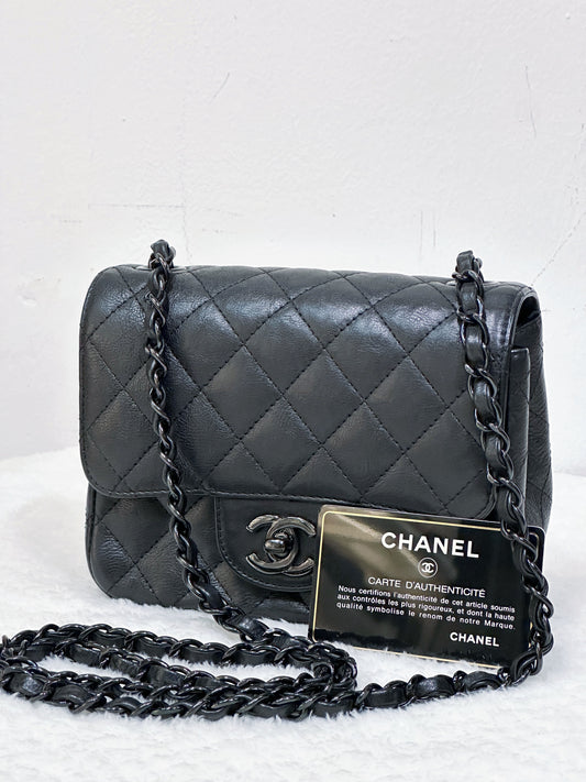 Chanel Quilted Mini Square Flap So Black Crumpled Calfskin 2417 holo card