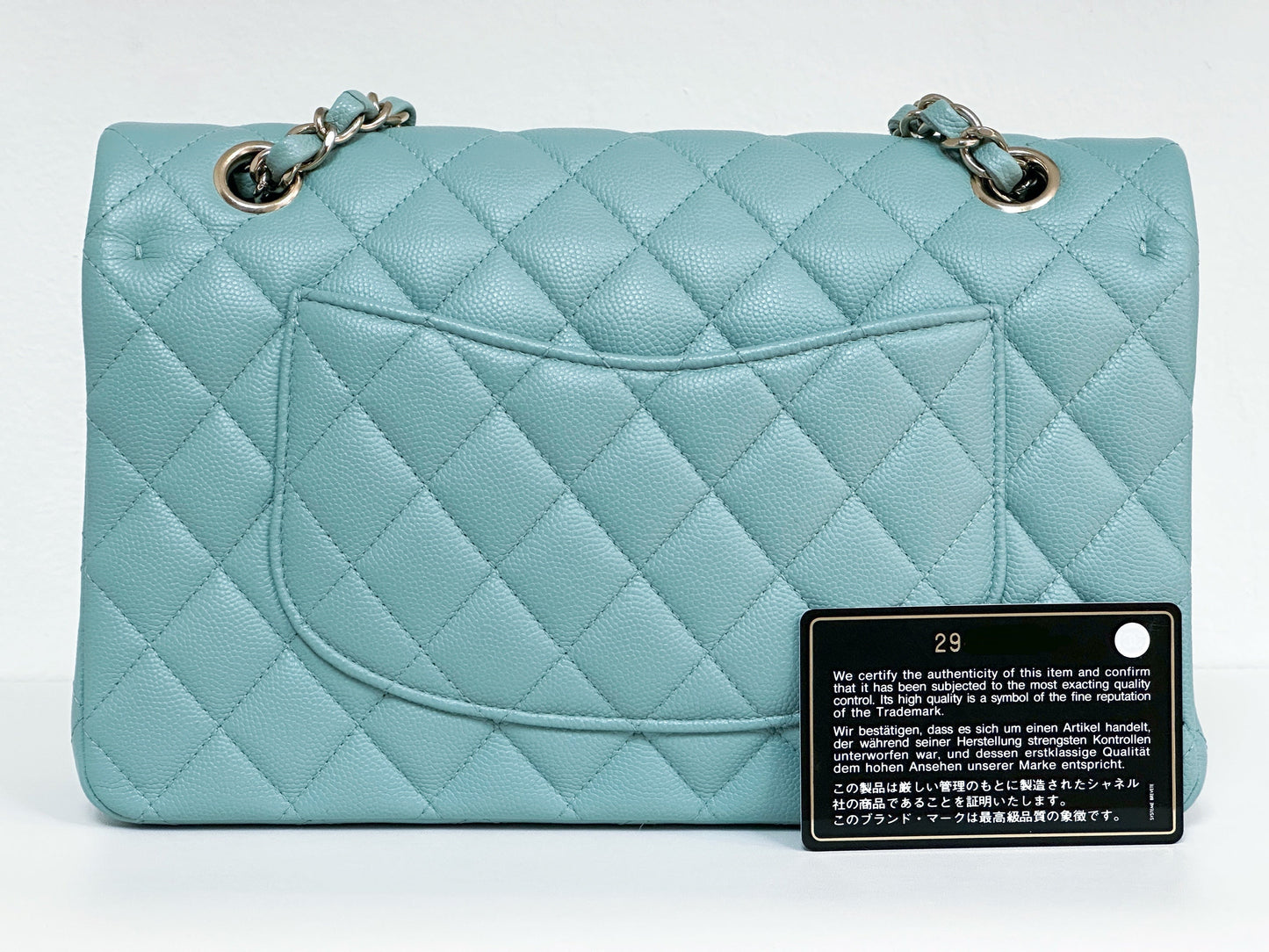 Chanel Classic Flap Medium 20C Tiffany Blue Caviar Light Gold Hardware 2943 holo card