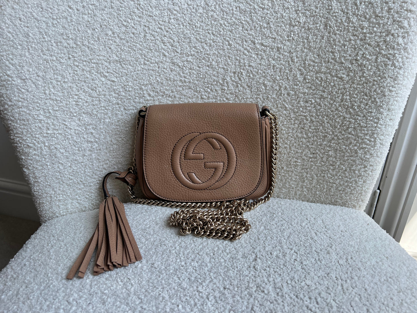 Gucci Rose Beige Mini Soho Chain Crossbody Flap Bag