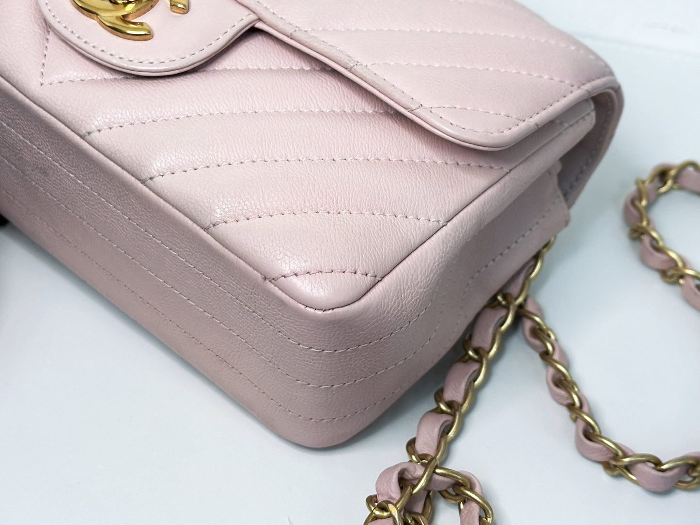 Chanel Classic Mini Rectangular 17C Light Pink Chevron Calfskin with brushed gold hardware ⁣⁣2383 holo card