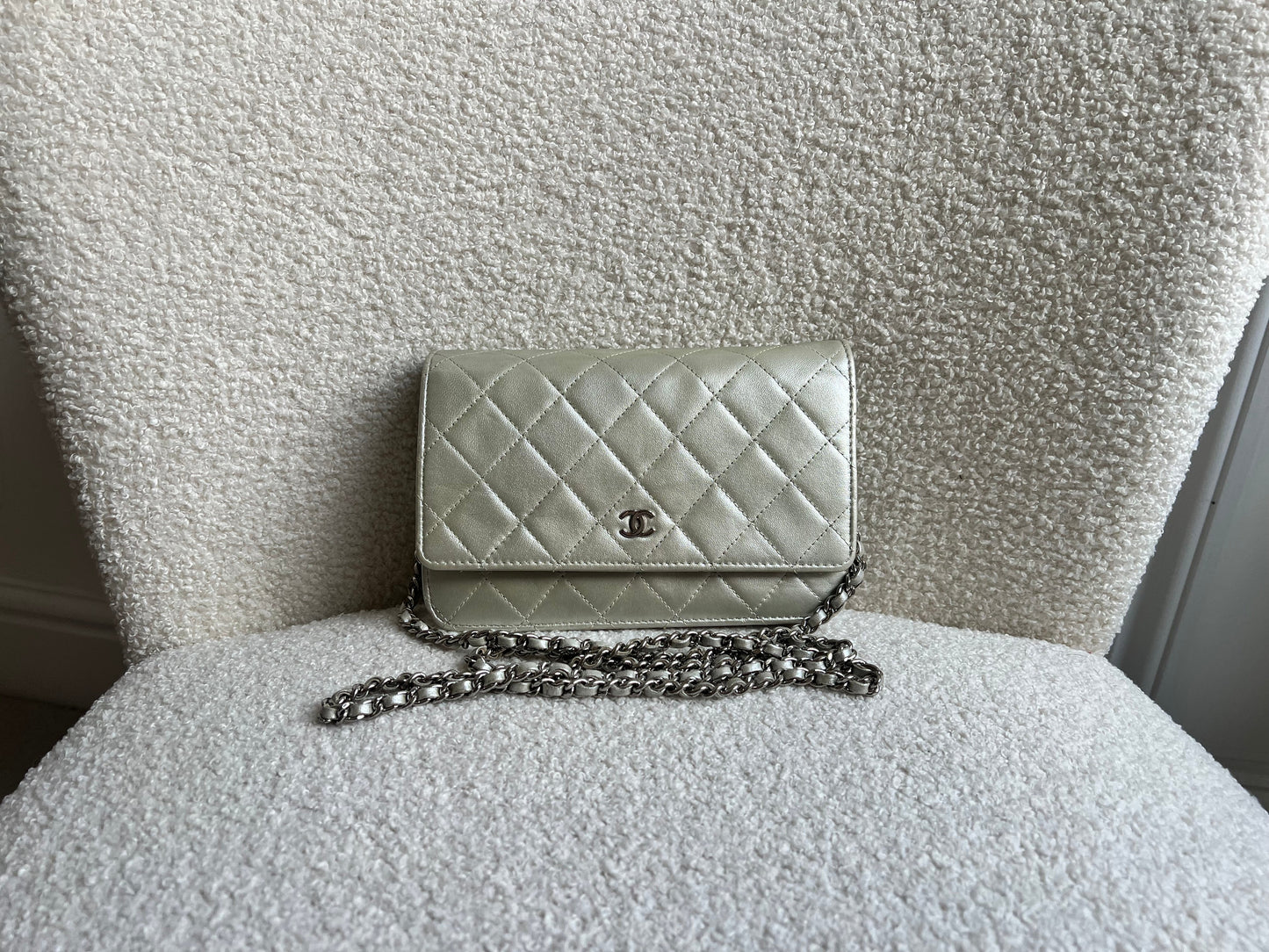 Chanel Silver Pearlescent Lambskin Wallet on Chain