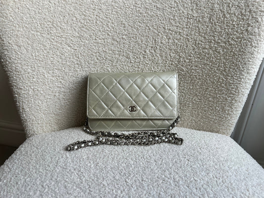 Chanel Silver Pearlescent Lambskin Wallet on Chain