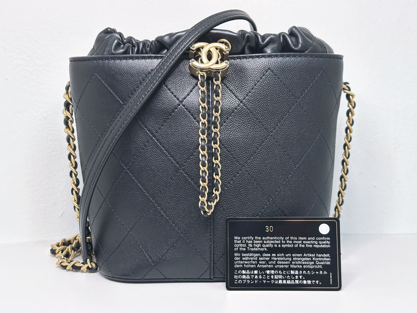 Chanel Drawstring Bucket Bag Quilted Black Caviar Aged Gold Hardware 3088 holo card