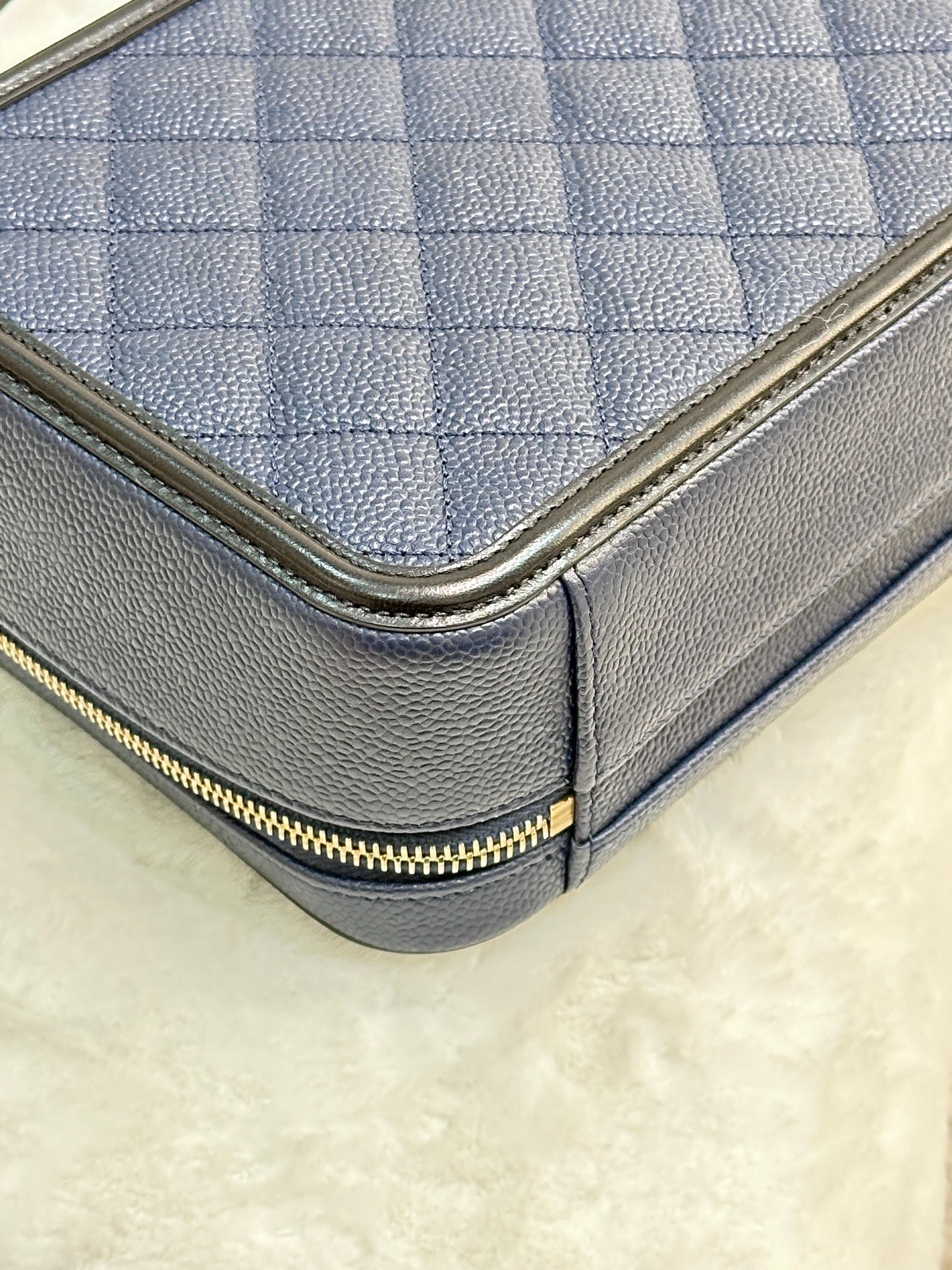 Chanel Filigree Vanity Case Quilted Caviar Medium Blue
