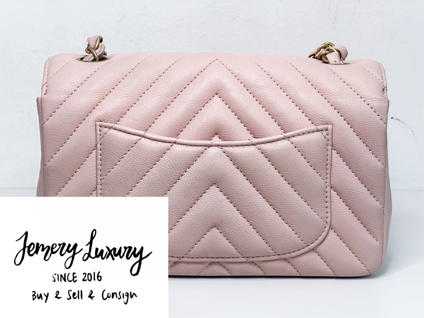 Chanel Classic Mini Rectangular 17C Light Pink Chevron Calfskin with brushed gold hardware ⁣⁣2383 holo card