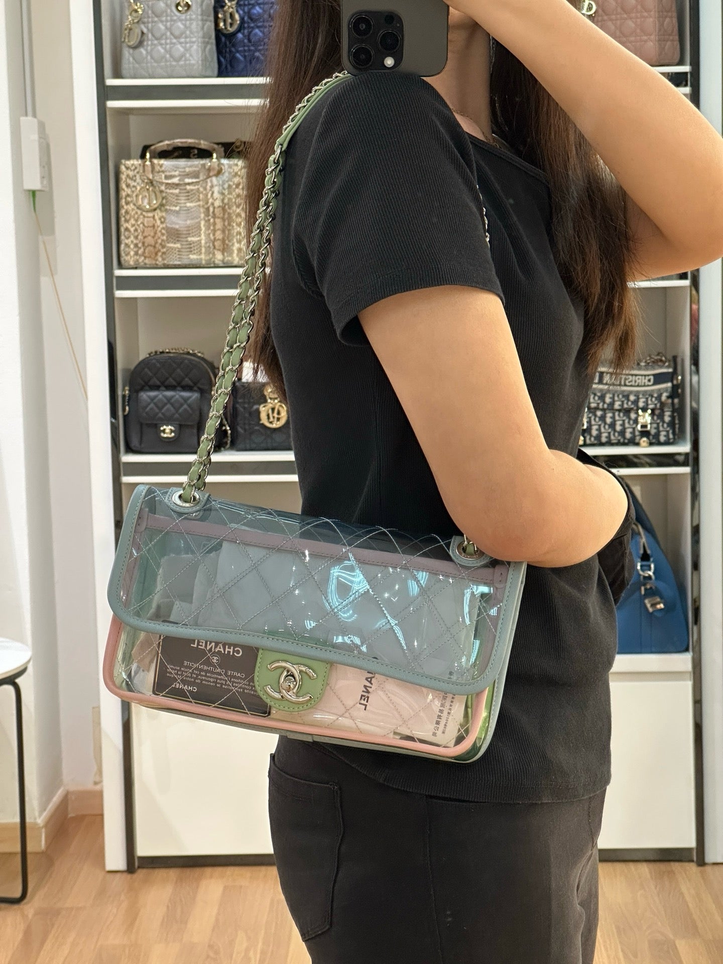 Chanel Coco Splash PVC Medium Flap Bag Pink/Blue/Green Holo card 2569