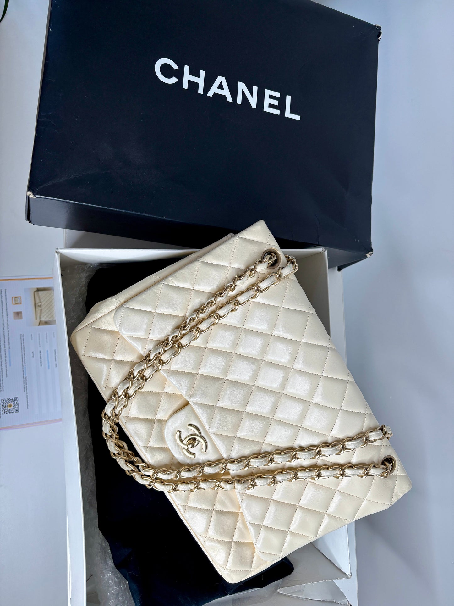 Chanel Classic Maxi Cream Calfskin Shoulder Flap Bag - Preloved