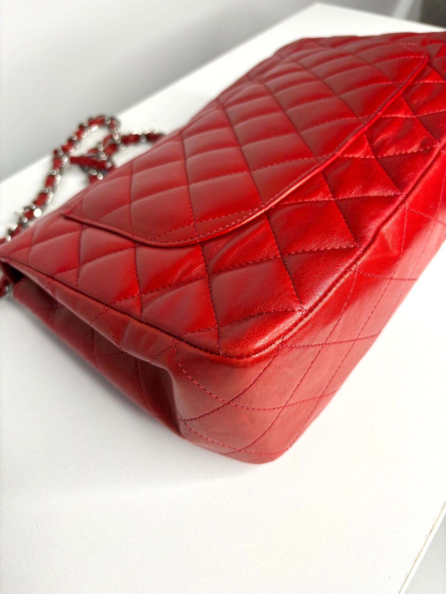 RESERVED  for 24 hrs - Chanel Jumbo Red Lambskin Classic Single Flap Shoulder Bag - Preloved