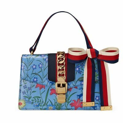 GUCCI SYLVIE BLUE AZURE FLORA CALFSKIN LEATHER SHOULDER BAG