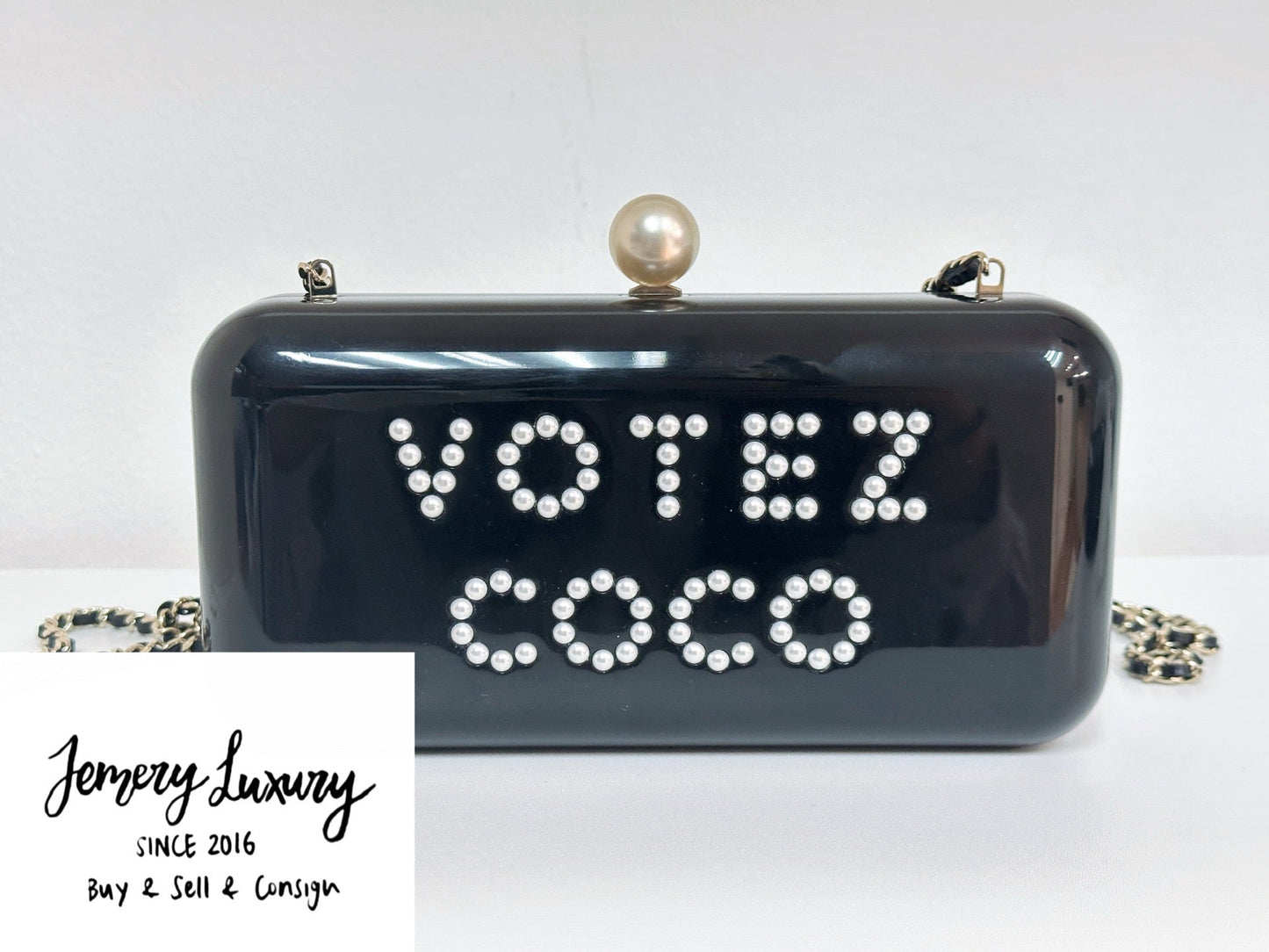 Chanel 2015 Votez Coco Black Pearl Plexiglass Minaudiere Evening Clutch Bag