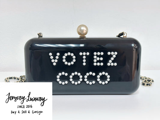 Chanel 2015 Votez Coco Black Pearl Plexiglass Minaudiere Evening Clutch Bag