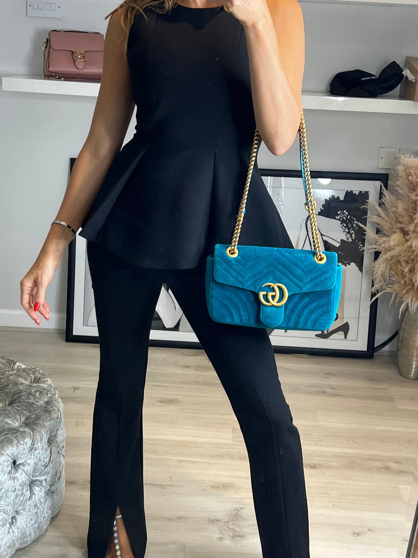 Gucci GG Marmont Small Turquoise Blue Velvet Shoulder Bag - Preloved