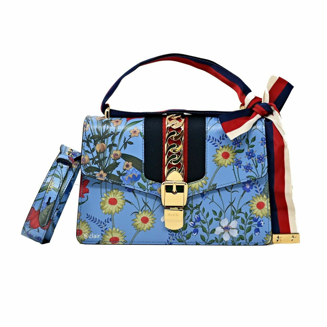 GUCCI SYLVIE BLUE AZURE FLORA CALFSKIN LEATHER SHOULDER BAG