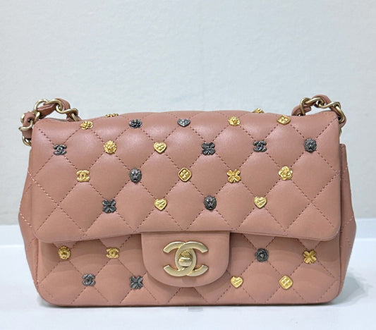 Chanel 2018 Blush Beige Mini Flap Bag with Lucky Charms Stud Embellishment
