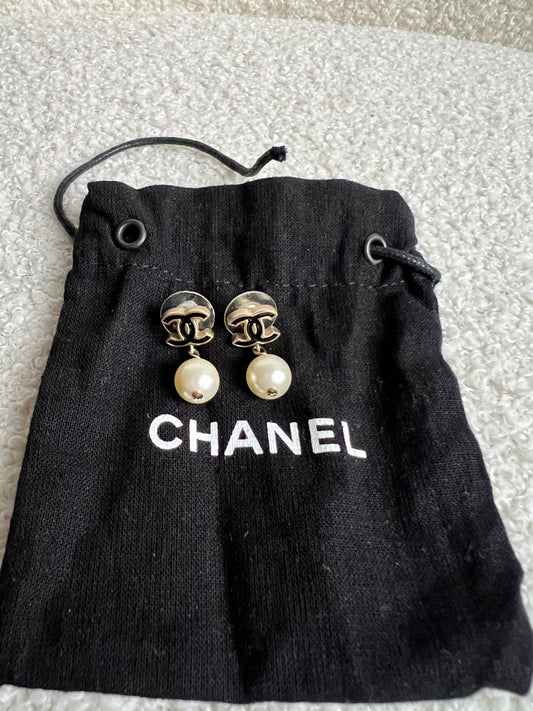 Chanel Black CC Pearl Drop Earrings