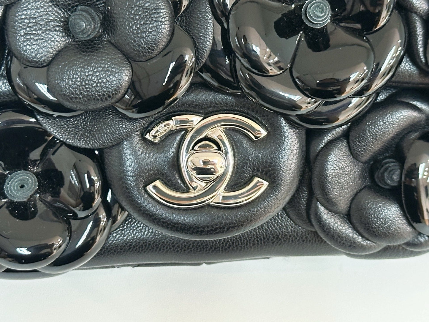 CHANEL Camellia Lambskin Patent Around Flap Crossbody Bag holo card 2246