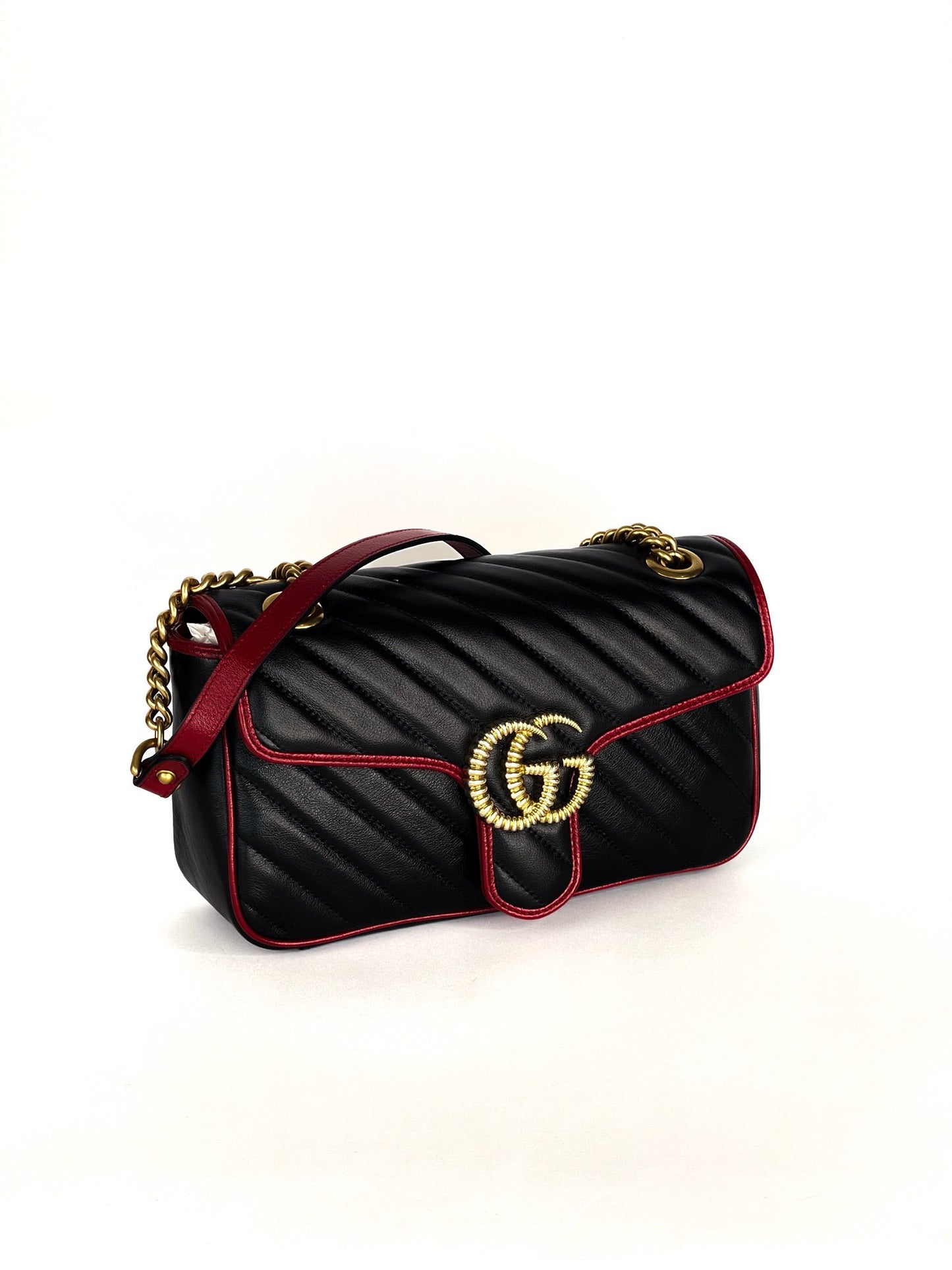 Gucci Calfskin Matelasse Diagonal Small Torchon GG Marmont Shoulder Bag Black Romantic Cherry