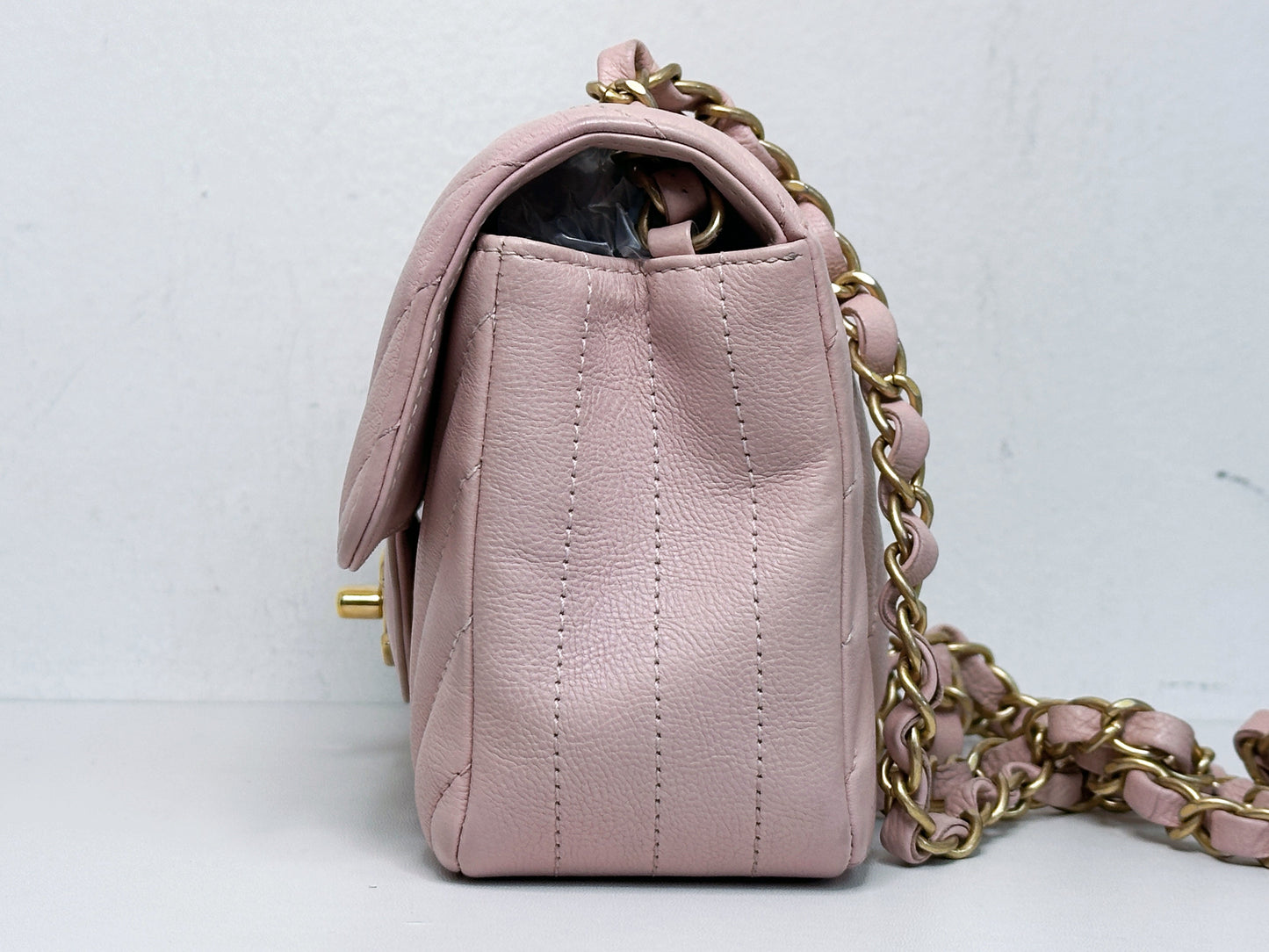 Chanel Classic Mini Rectangular 17C Light Pink Chevron Calfskin with brushed gold hardware ⁣⁣2383 holo card