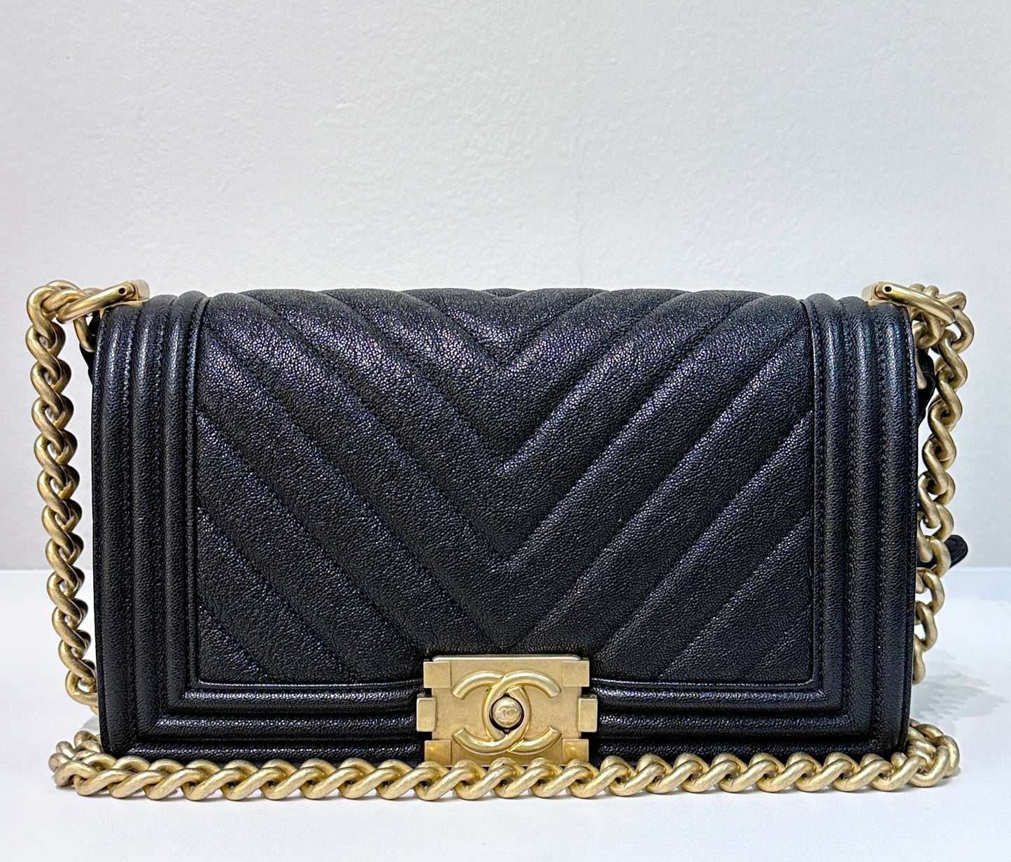 Chanel Old Medium Boy Chevron Black Caviar