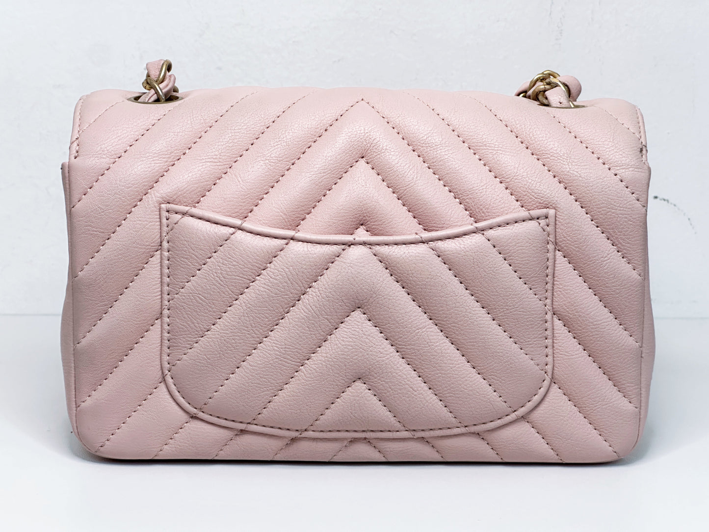 Chanel Classic Mini Rectangular 17C Light Pink Chevron Calfskin with brushed gold hardware ⁣⁣2383 holo card