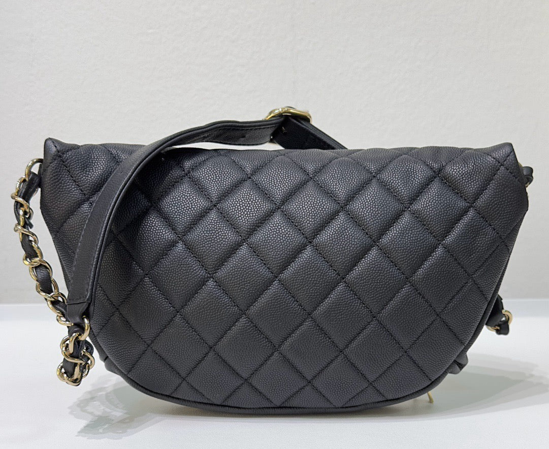 Chanel Black Quilted Caviar Leather Business Affinity Waist Belt Bag 27 holo card