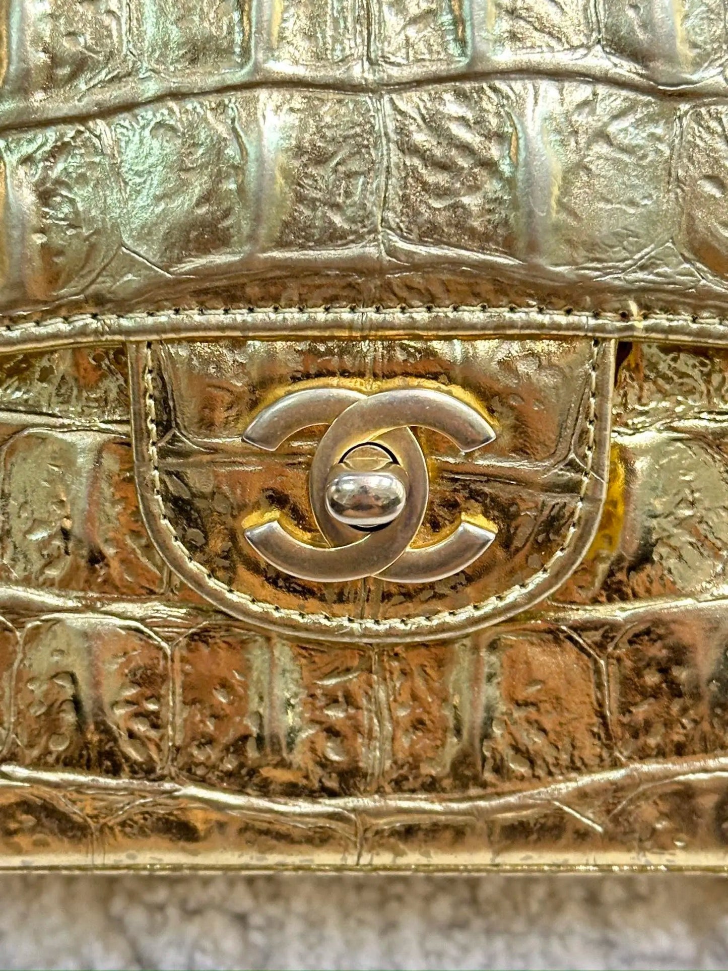 Chanel Medium  Calfskin Crocodile Embossed  Gold Metallic Flap Bag