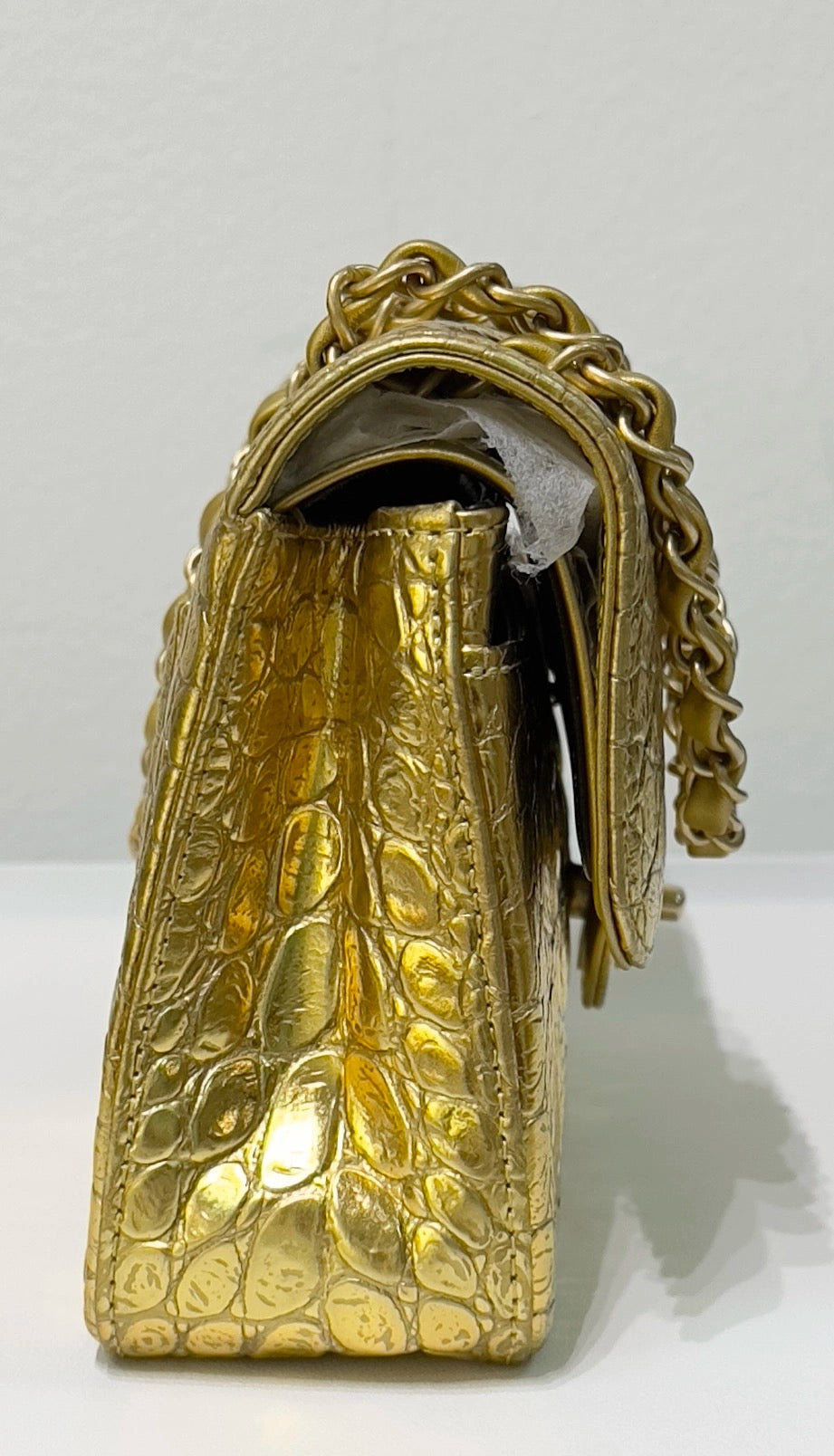 Chanel Medium  Calfskin Crocodile Embossed  Gold Metallic Flap Bag