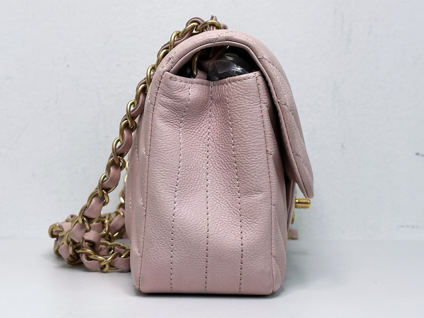 Chanel Classic Mini Rectangular 17C Light Pink Chevron Calfskin with brushed gold hardware ⁣⁣2383 holo card