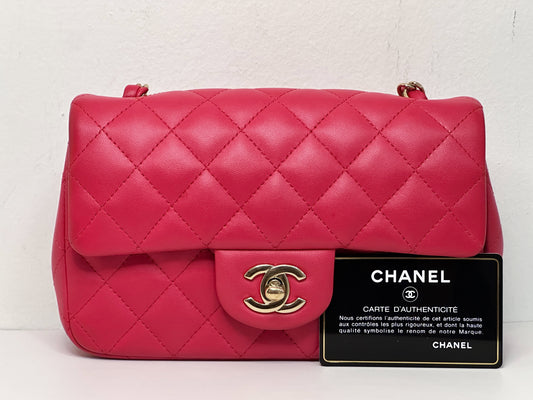 CHANEL Lambskin Quilted Mini Rectangular Flap Red 2491 holo card
