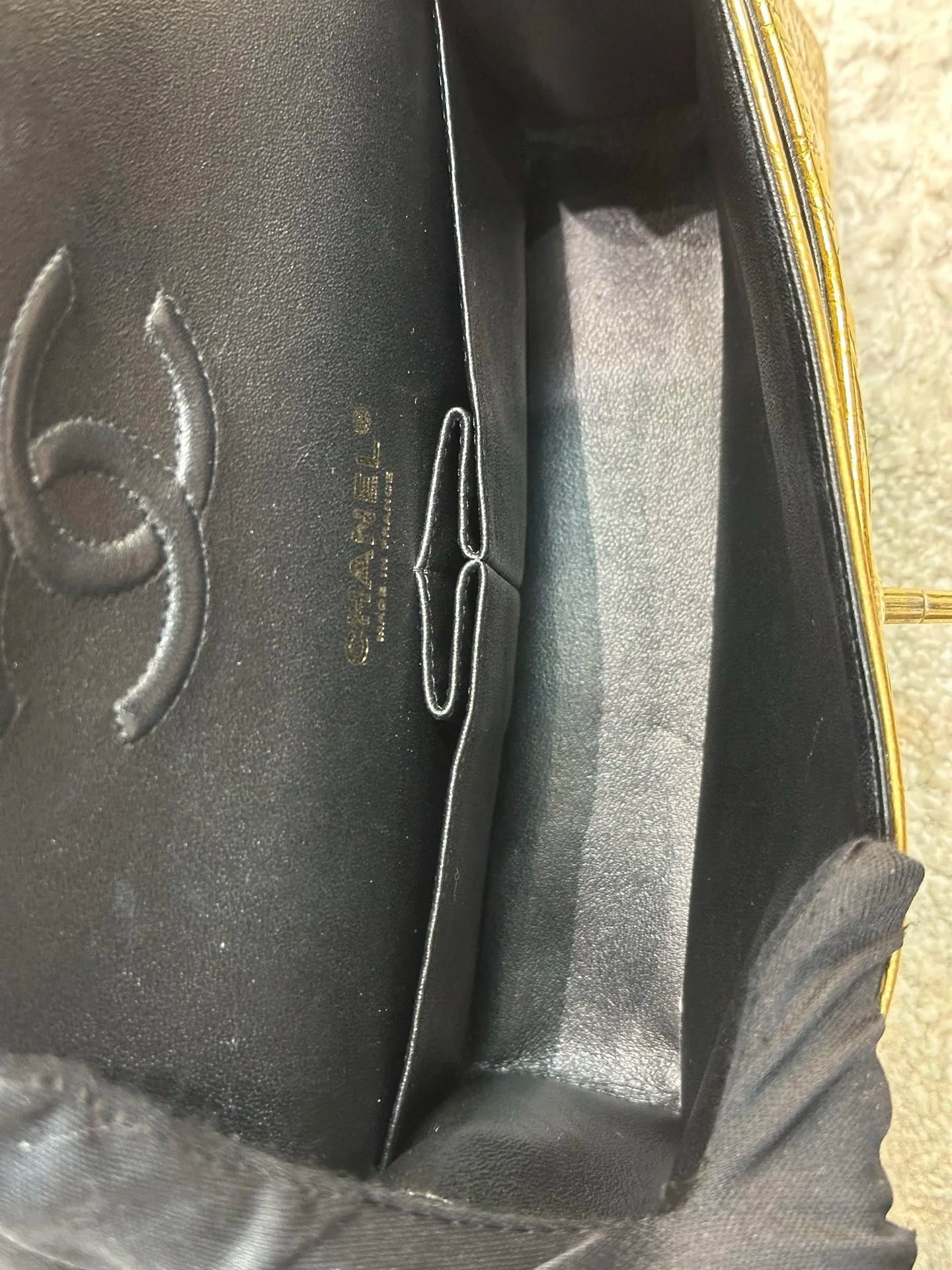 Chanel Medium  Calfskin Crocodile Embossed  Gold Metallic Flap Bag