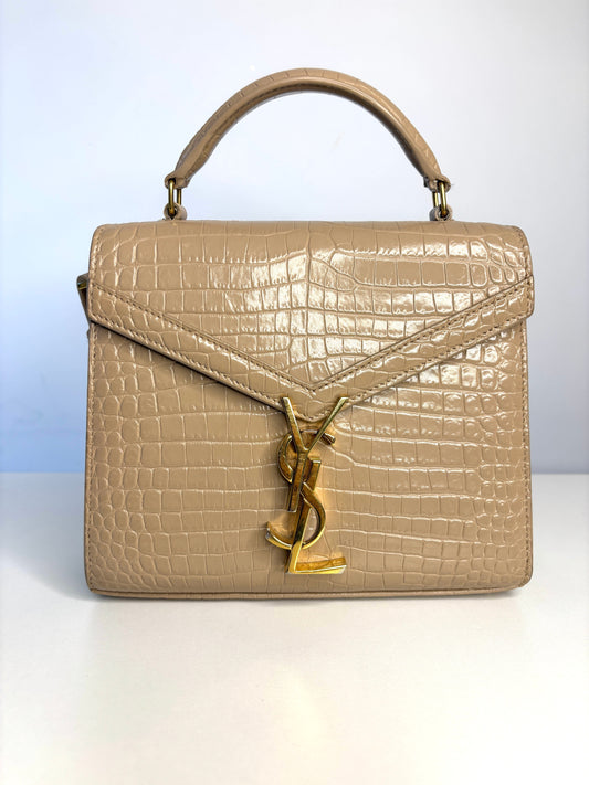 Saint Laurent YSL Crocodile Embossed Mini Classic Monogram Cassandra Nude Top Handle Bag