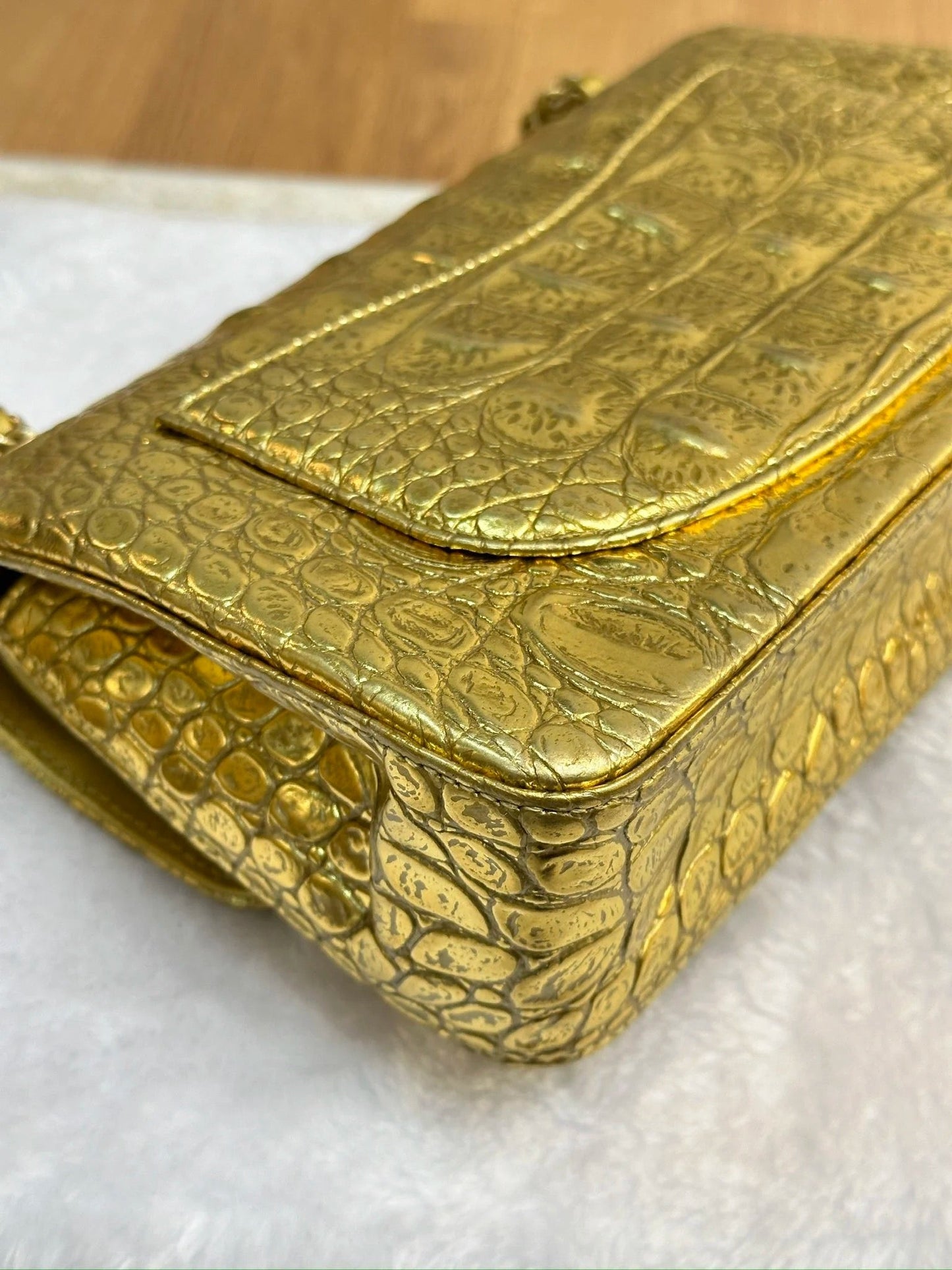 Chanel Medium  Calfskin Crocodile Embossed  Gold Metallic Flap Bag