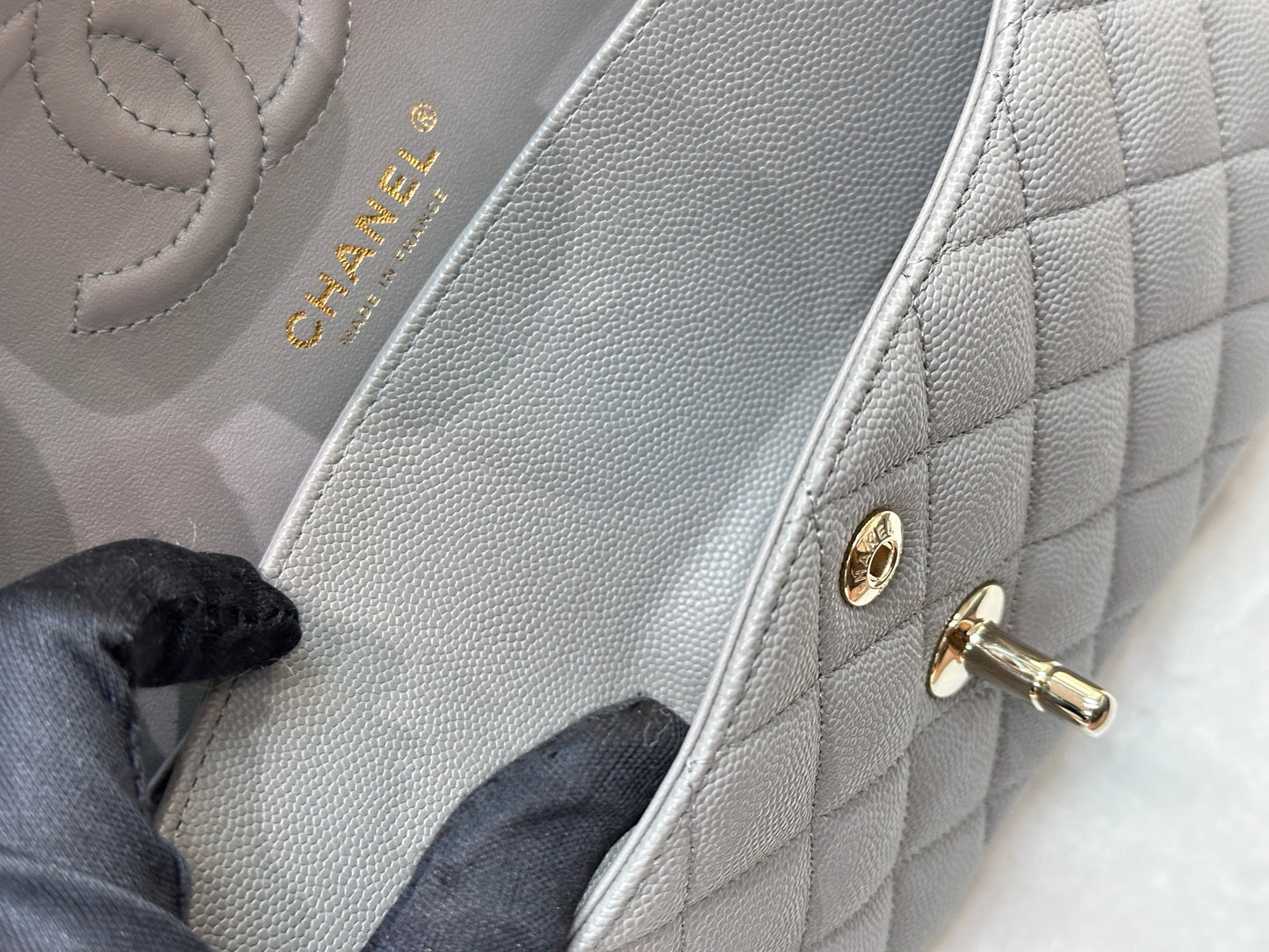 Chanel Small Caviar Quilted Double Flap Grey 21B Unused Condition