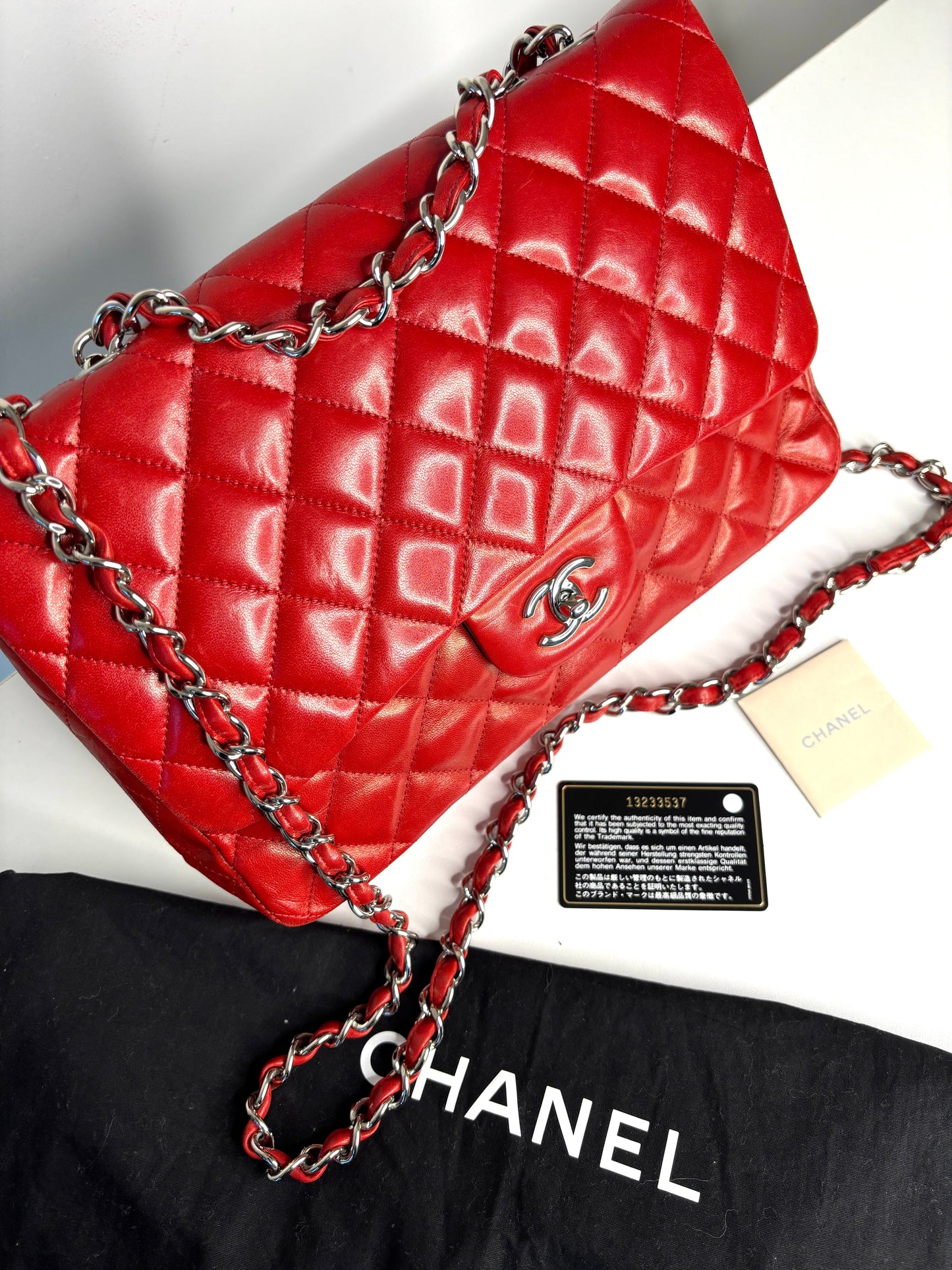 RESERVED  for 24 hrs - Chanel Jumbo Red Lambskin Classic Single Flap Shoulder Bag - Preloved