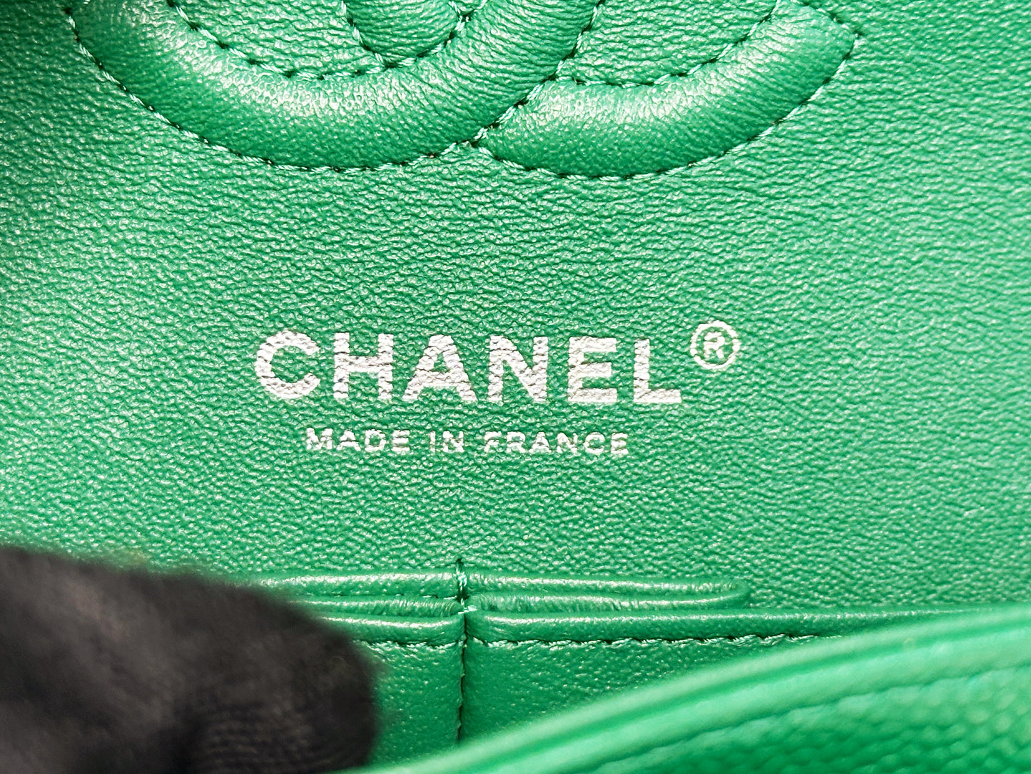 CHANEL 20B Green Classic Small Double Flap Bag SHW 3050 holo card