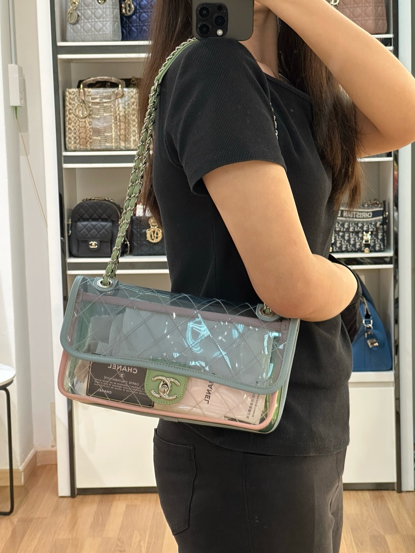 Chanel Coco Splash PVC Medium Flap Bag Pink/Blue/Green Holo card 2569